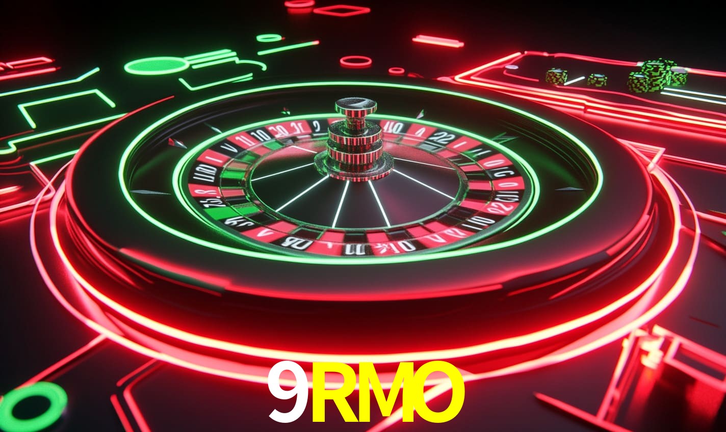 Una escena digital vívida inspirada en casino con 9RMO mostrado prominentemente, luces brillantes, fichas, cartas y acentos dorados.