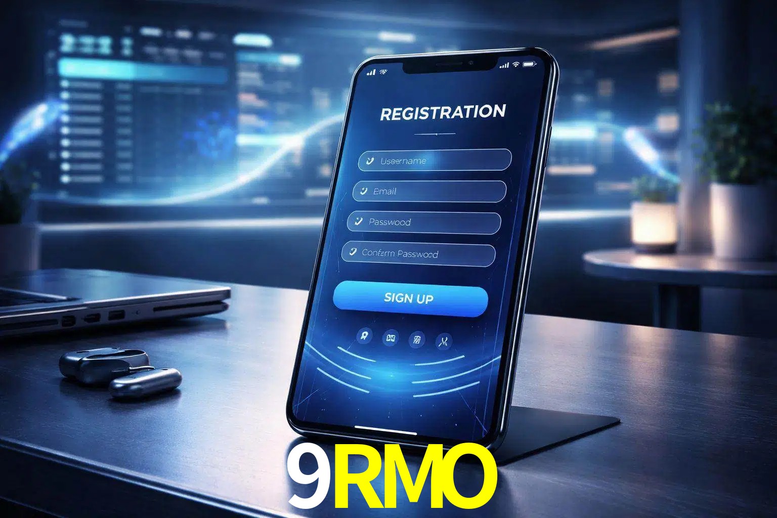 Una interfaz moderna de registro móvil para 9RMO mostrada en un smartphone con un panel de apuestas elegante.